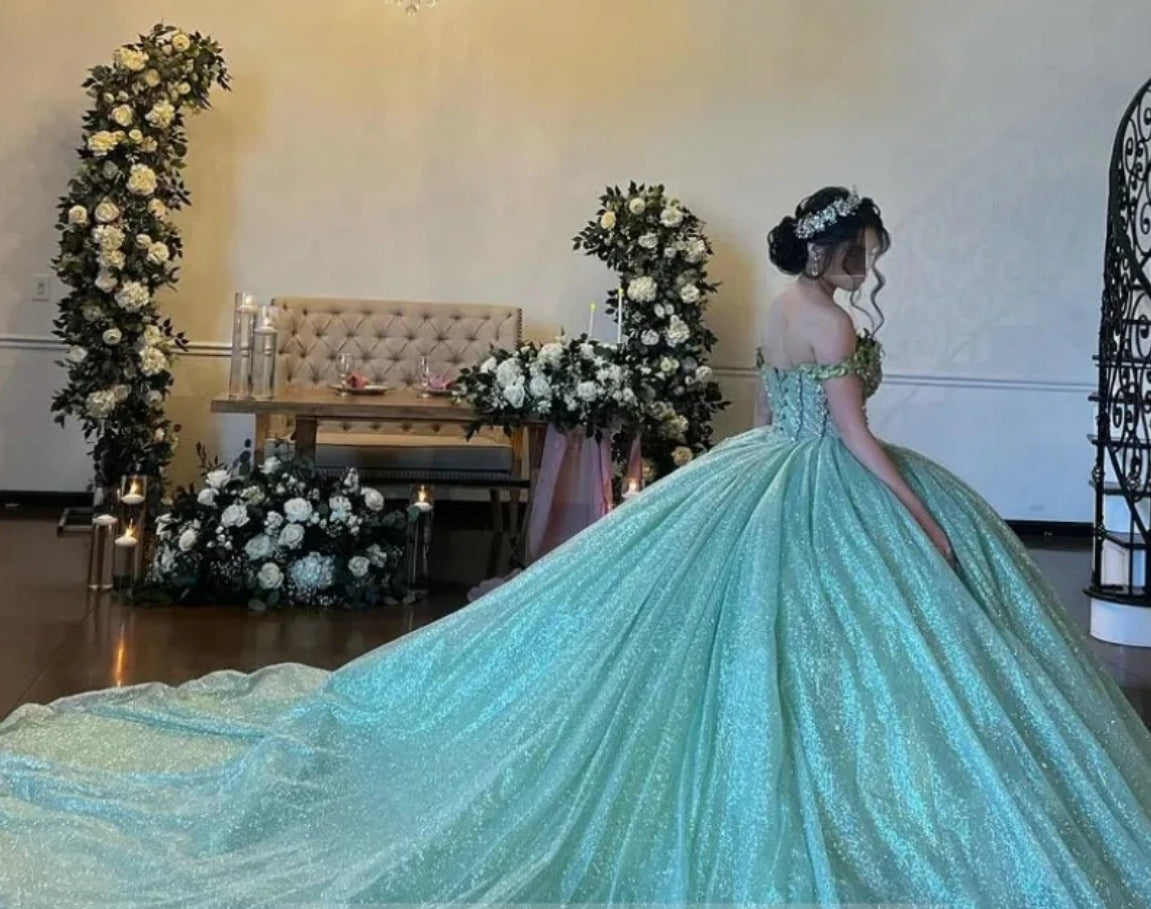 Mint Green Glitter Sequined Ball Gown Quinceanera Dresses Off the Shoulder Appliques Vestidos De 15 Años Women Prom Party Wear