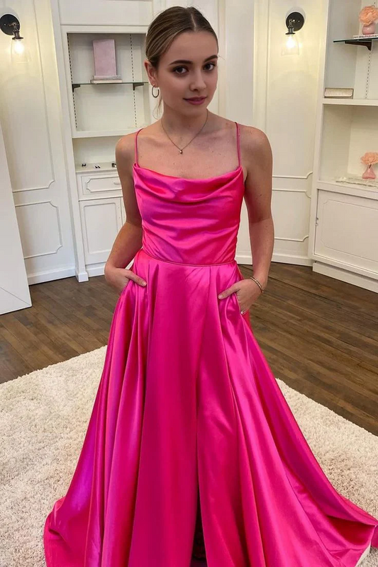 A Line Spaghetti Straps Hot Pink Long Prom Dress with Split Front Evening Dresses