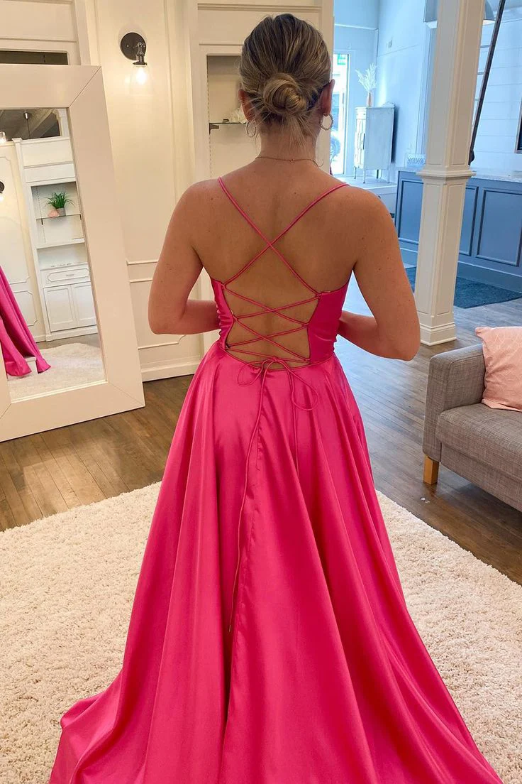 A Line Spaghetti Straps Hot Pink Long Prom Dress with Split Front Evening Dresses