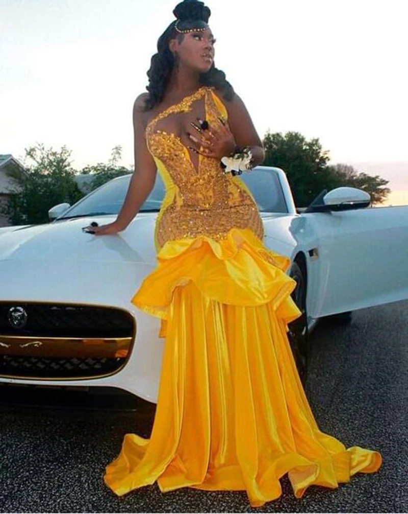 Yellow One Shoulder Prom Dresses Aso Ebi Mermaid Evening Gowns Black Girl Formal Occasion Party Dress Robe De Soiree