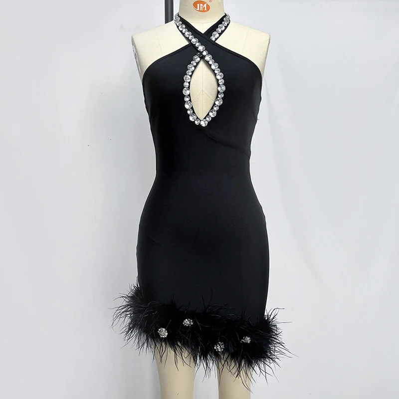 Women's Black Purple Spaghetti Strap Father Rhinestones Backless Sexy Celebrity Cocktail Party Bandage Dress