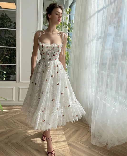 White Fairy Lace Midi Prom Dresses Sweetheart Cherry Appliques Wedding Party Dresses for Women A-Line Graduation Gowns