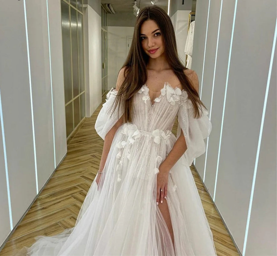 Wedding Dresses Fairy Sweetheart Neck Boho Bride Dresses 3D Flowers Puff Sleeve Elegant Wedding Gowns suknia ślubna Bridal Gown
