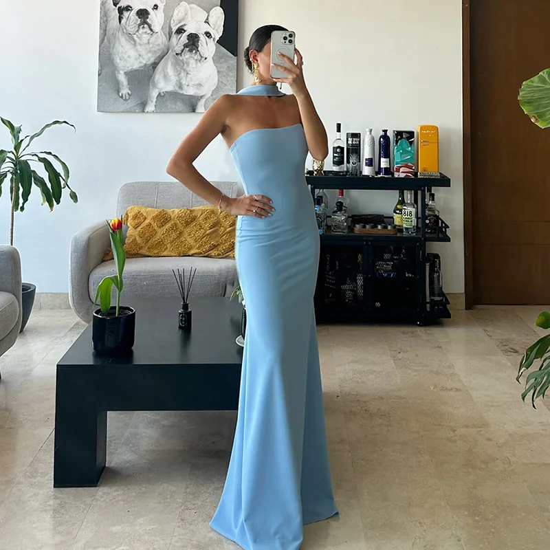 Woman Elegant Summer Sleeveless Halter Slim Long Maxi Dress 2024 Female Off Shoulder High Waist Bodycon Evening Party Dresses