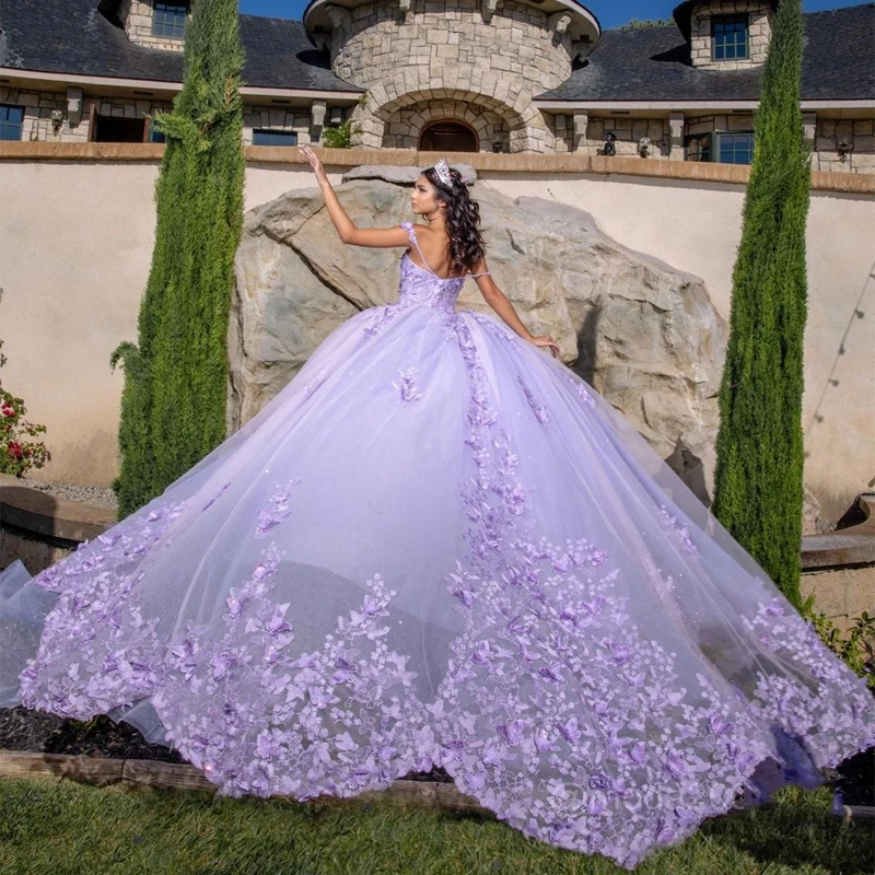 Lavender Quinceanera Dress Sweetheart 3D Bow Butterfly Lace Ball Gown With Cape Crystal Sweet 15 Vestidos De XV Años