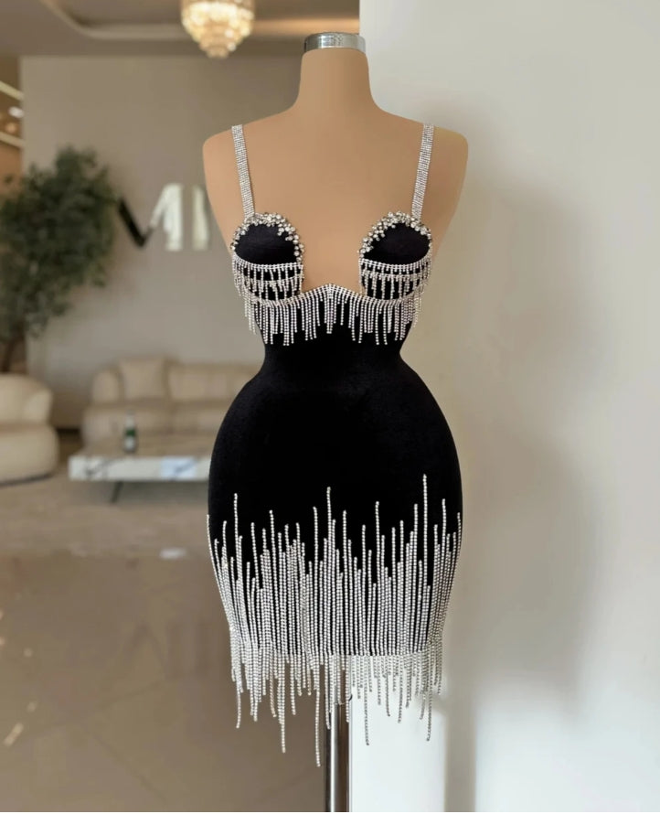 2024 Black Velvet Evening Dress Party Birthday Crystals Tassel Bride Robe Mini Sheath Bridal Dresses Vestidos De Novia