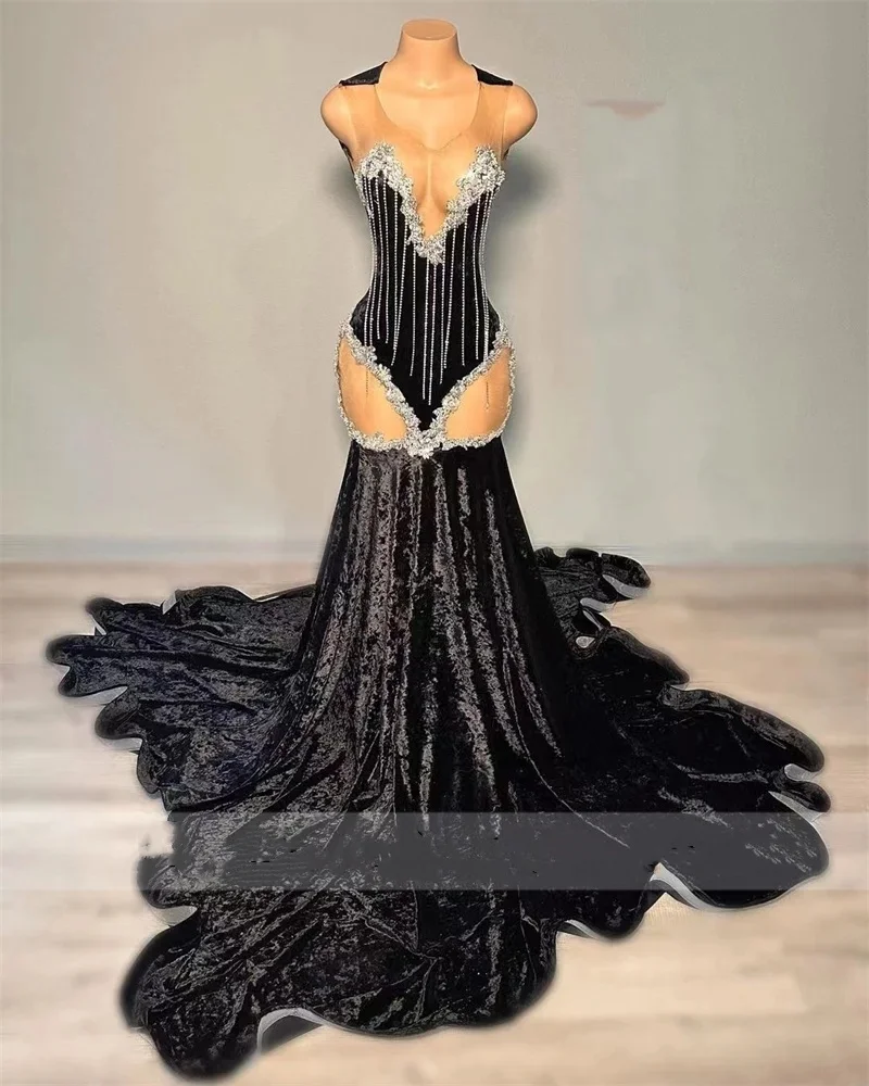 2024 Blue Velvet Luxury Long Prom Dresses Crystals Rhinestones Beads Tassels Evening Gown Tassels Wedding Party Gown