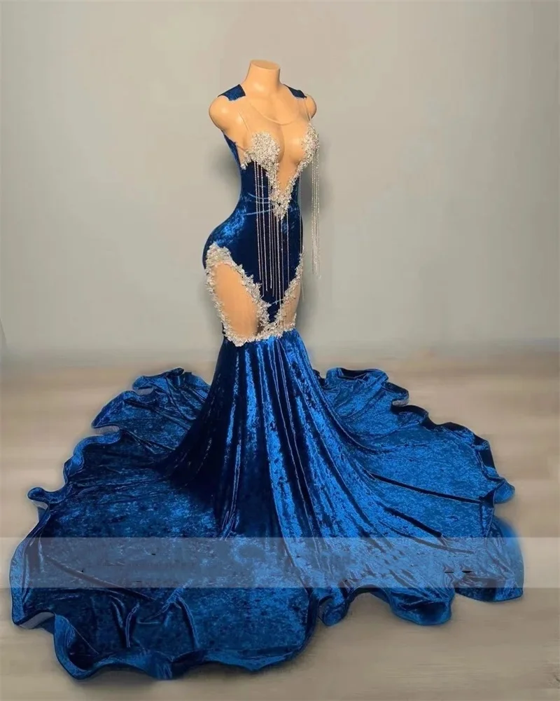 2024 Blue Velvet Luxury Long Prom Dresses Crystals Rhinestones Beads Tassels Evening Gown Tassels Wedding Party Gown