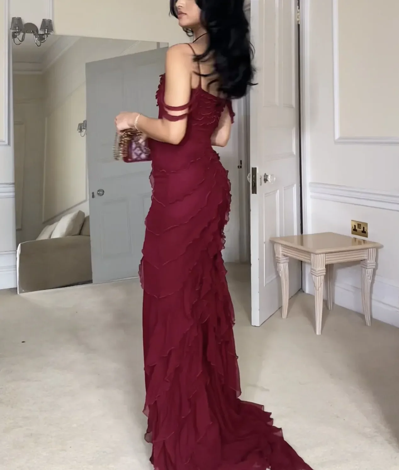 Wine Red Off Shoulder Straps Multi-layered Ruffles Long Prom Dress