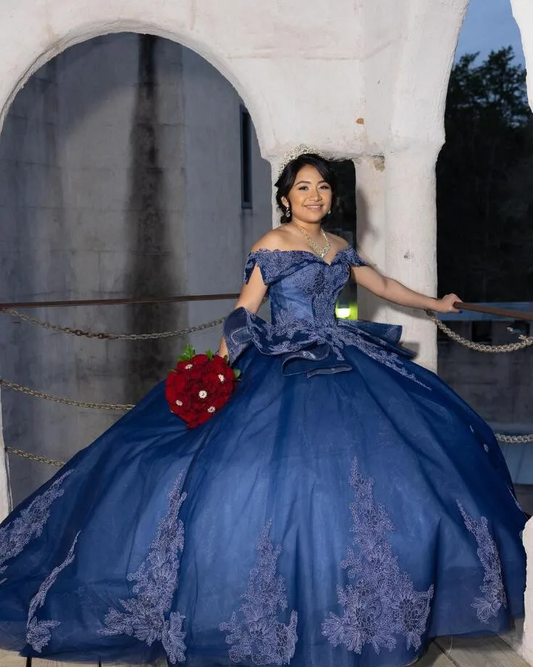 Royal Blue Princess Quinceanera Dresses Off Shoulder Gillter Applique Puffy Skirt Corset vestidos de 15 años quinceañeras 2024