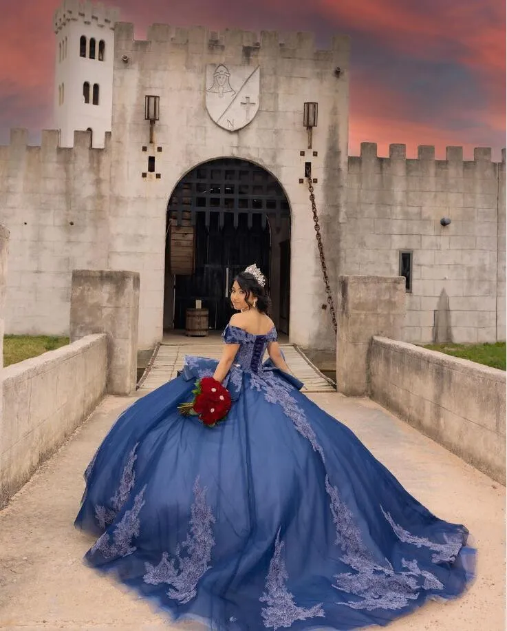 Royal Blue Princess Quinceanera Dresses Off Shoulder Gillter Applique Puffy Skirt Corset vestidos de 15 años quinceañeras 2024