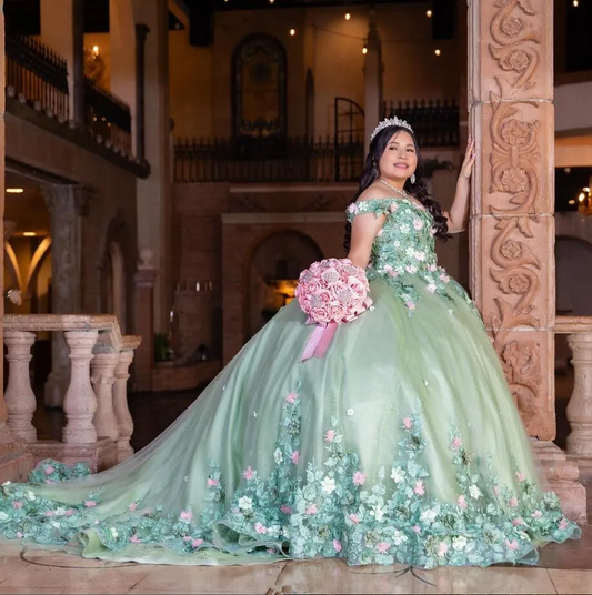 Mint Green Princess Quinceanera Dresses Off Shoulder 3D Floral Applique Puffy Skirt Corset vestidos de 15 años quinceañeras 2024