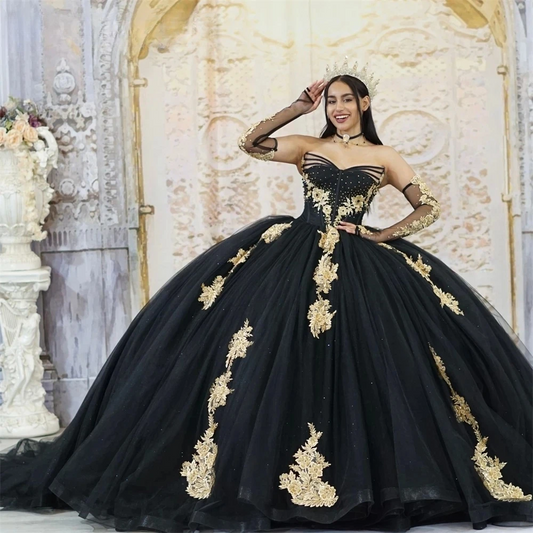Black Charro Quinceanera Dresses Ball Gown V-neck Tulle Appliques Beaded Mexican Sweet 16 Dresses 15 Anos