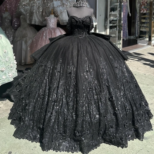 Mexican Black Quinceanera Dresses Ball Gown Beaded Crystal Lace Appliques Sweet 16 Dress Princess Lace Up Vestido De 15 Años