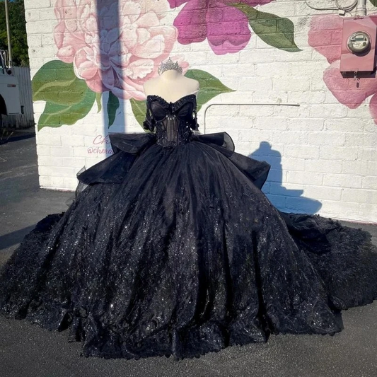 2024 Luxury Black Crystals Ball Gown Quinceanera Dresses Appliques Lace Off The Shoulder Beads Sweet 16 Dress Vestidos De 15