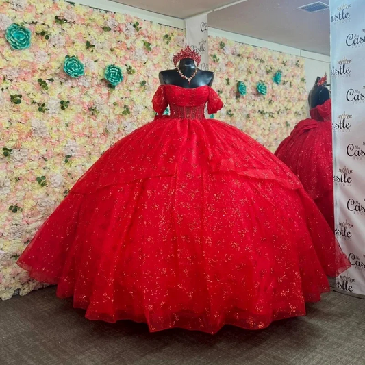 Big Bow Sweet 16 Quinceanera Dresses 2024 Red Shiny Off The Shoulder Appliques Lace Beads Tulle Vestido De 15 Anos