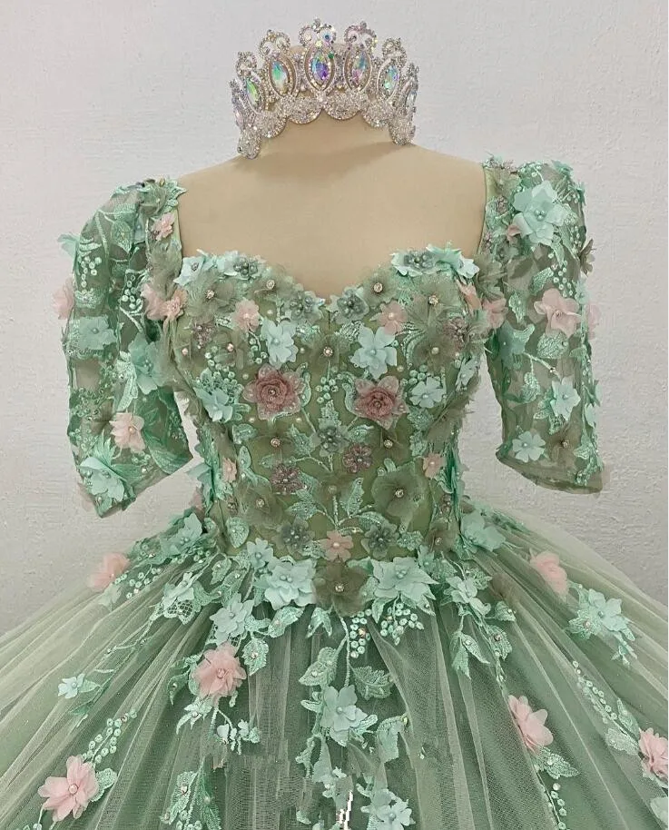 Vestido Verde Sage Princess Quinceanera Dresses with Sleeves Floral 3D Applique Leave vestidos de 15 años Prom Lace Up