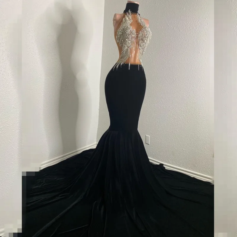 Sexy See Through Mermaid Prom Dresses 2024 Blackgirl Crystal Velvet Me 