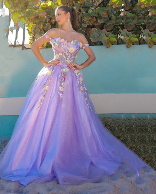 Spring Off Shoulder Ball Gown Vestido De Novia Flower Lace Evening Dress Baby Blue Corset Maxi Prom Dress 2024