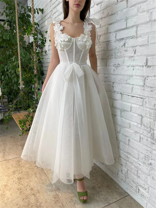 Spaghetti Straps 3D Flower Strapless Homecoming Dress With Teens Sleeveless Backless Formal Evening A-line Tea-length Ball Gowns