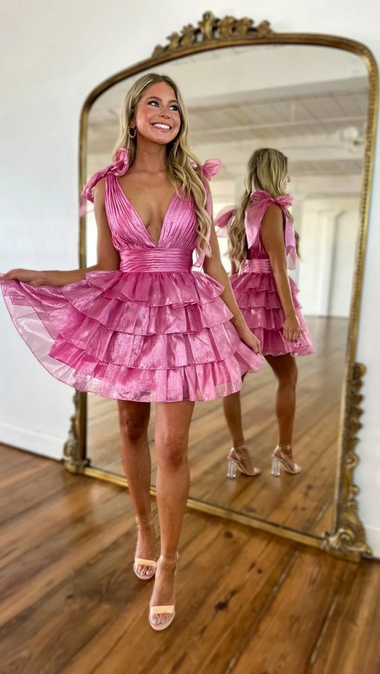 V-Neck Tiered Ruffle Short Homecoming Dress Skinny Sweet Lace Solid Puffy Birthday Capet Cocktail Party Ball Gown for Teens