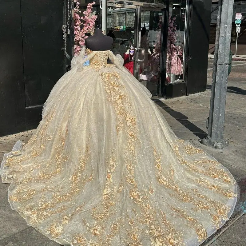 Champagne Quinceanera Dresses With 3D Floral Applique Mexican Vestidos De 15 Anos 2022 Beading lace-up prom Sweet 16 dress