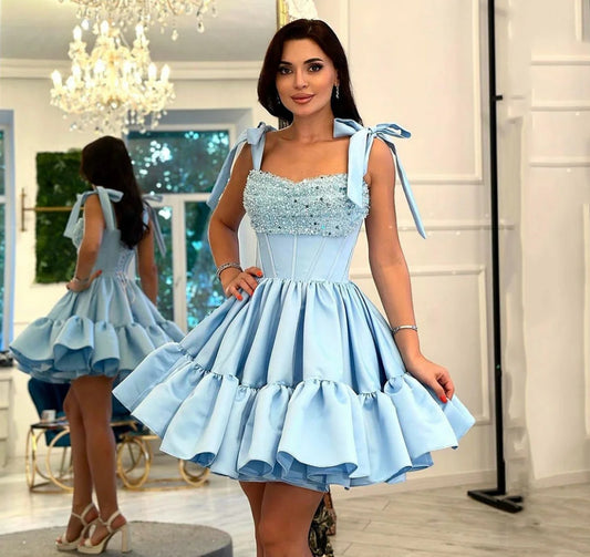 Elegant Short Party Dresses Sweetheart Spaghetti Straps Corset Back Prom Dress Glitter Pleated Ball Gown Vestidos De Gala