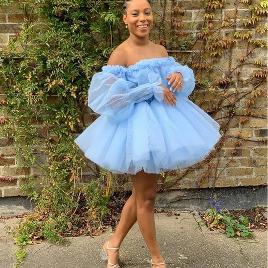 Princess Ball Gown Homecoming Dresses for Black Girls Off Shoulder Long Sleeve Tulle Short Prom Birthday Party Gowns