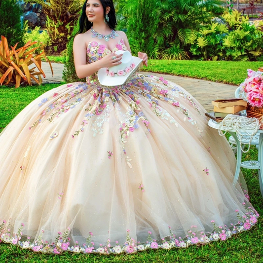Champagne Quinceanera Dress Off The Shoulder Ball Gown Applique Lace Tull Sleeveless Sweet 16 Vestido De 15 Anos