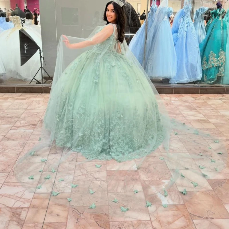 Sage Green Luxury Quinceanera Dresses With Cloak Butterfly Lace Tull Birthday Party Prom Vestidos De 15 Anos Ball Gowns
