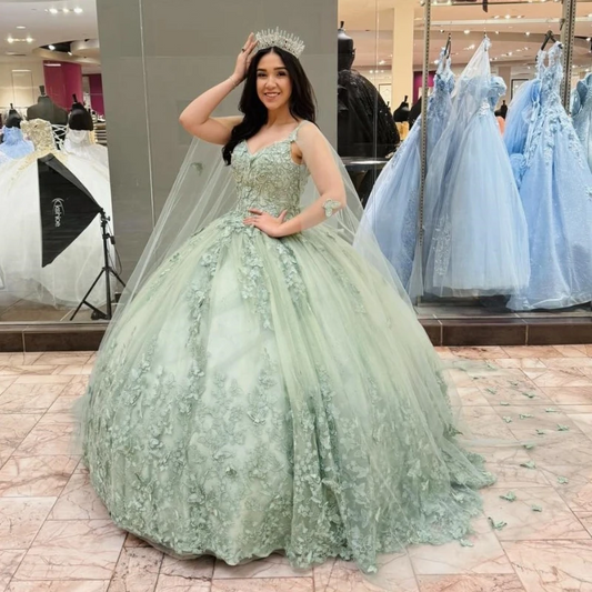 Sage Green Luxury Quinceanera Dresses With Cloak Butterfly Lace Tull Birthday Party Prom Vestidos De 15 Anos Ball Gowns