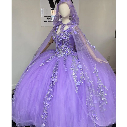Lavender Quinceanera Sweet 16 Dresses V-Neck Lace Applique 3D Flower Beading Lace-up Prom Ball Gowns Graduation
