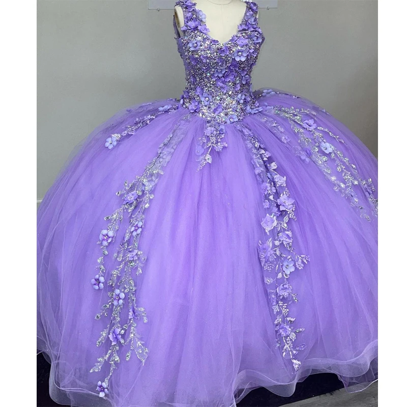 Lavender Quinceanera Sweet 16 Dresses V-Neck Lace Applique 3D Flower Beading Lace-up Prom Ball Gowns Graduation