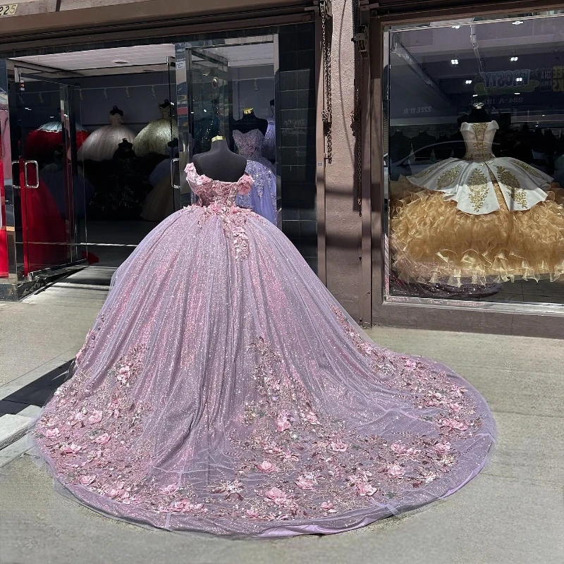 Lavender Sparkly Princess Off Shoulder Quinceanera Dresses Sweetheart Lace Applique Beads Sweet 16 Ball Gown Vestidos De 15 Años