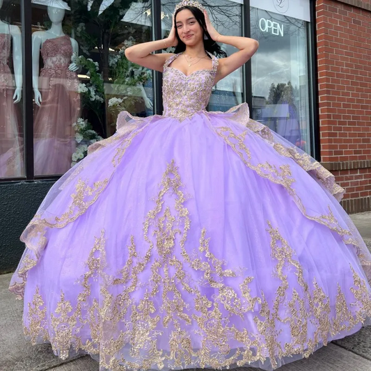 Lavender Sweetheart Princess Quinceanera Dresses Ball Gown Gold Lace Appliques Beading Sweet 16 Prom Dress Vestidos De 15 Años
