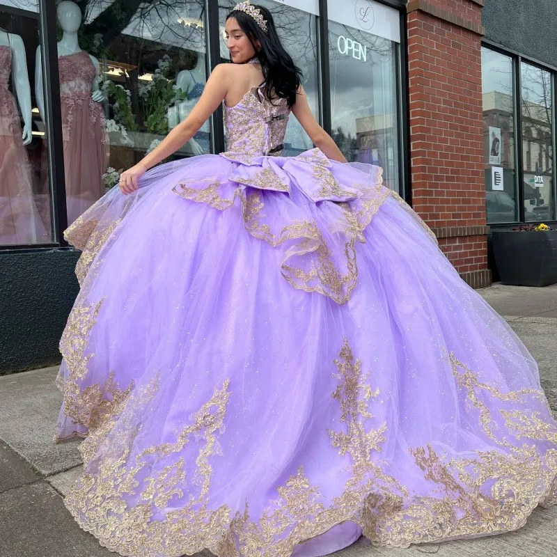 Lavender Sweetheart Princess Quinceanera Dresses Ball Gown Gold Lace Appliques Beading Sweet 16 Prom Dress Vestidos De 15 Años