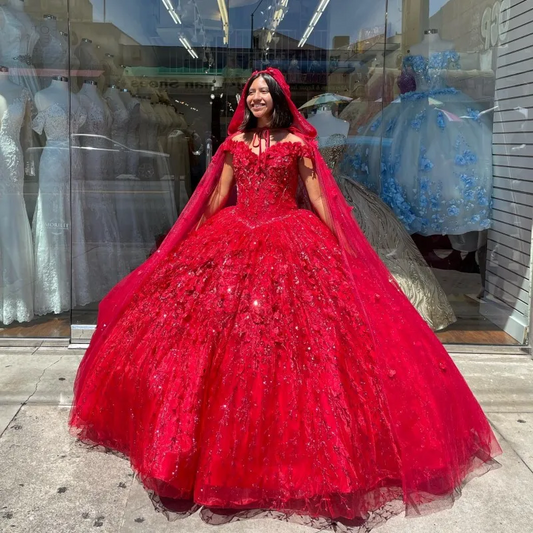 Red Quinceanera Dresses 2024 Ball Gown Sweet 16 Dress With Cape Applique 3DFlower Pageant vestido de 15 anos quinceañera