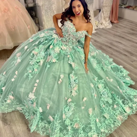 Luxury Green Princess Quinceanera Dresses Off Shoulder Sparkly 3DFlowers Appliques Crystal Vestidos De 15 Años Prom Party