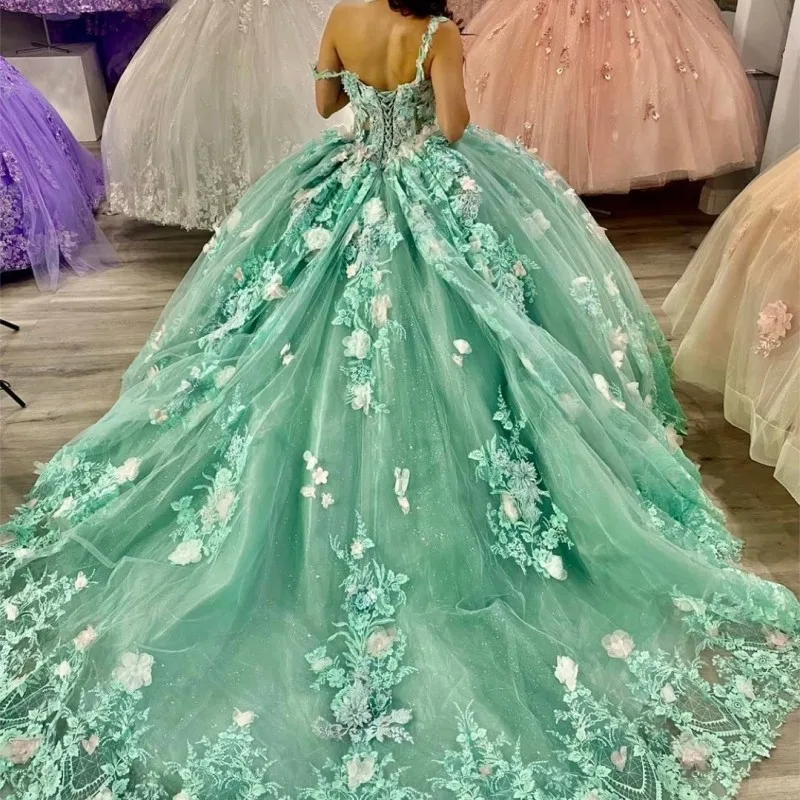 Luxury Green Princess Quinceanera Dresses Off Shoulder Sparkly 3DFlowers Appliques Crystal Vestidos De 15 Años Prom Party