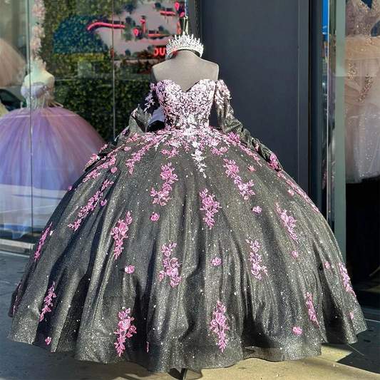 Black Bling Quinceanera Dresses Mexican Sweetheart Off-The-Shoulder Long sleeve Pink Applique Ball Gowns A-Line Puffy Vestidos