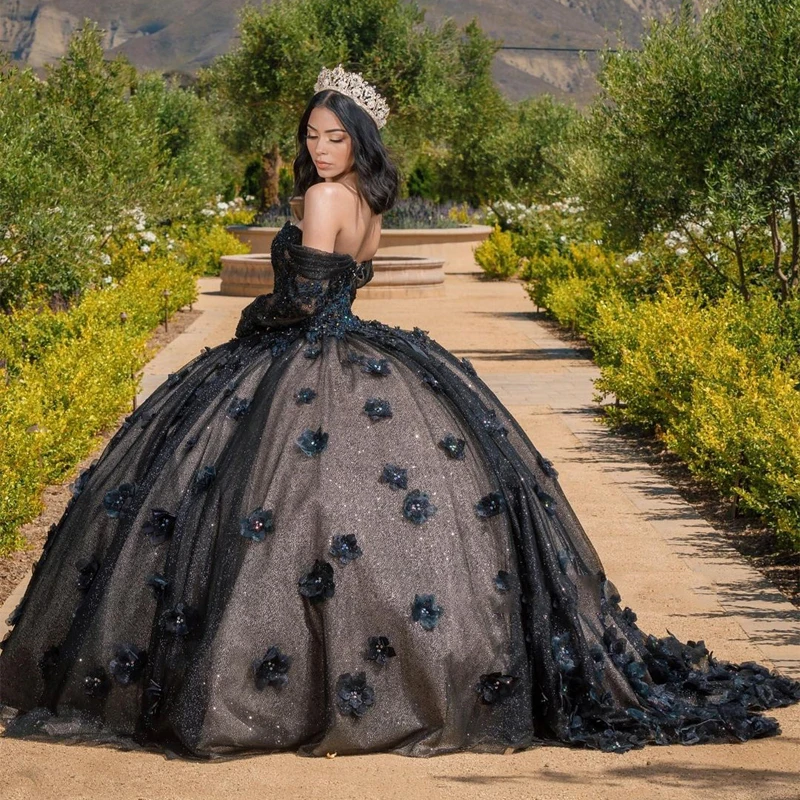 Black Princess Quinceanera Dresses Corset Ball Gown Beaded 3D Flowers Beading Formal Prom Birthday Gowns Sweet 15 16 Dress