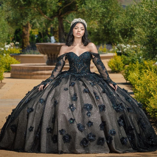 Black Princess Quinceanera Dresses Corset Ball Gown Beaded 3D Flowers Beading Formal Prom Birthday Gowns Sweet 15 16 Dress