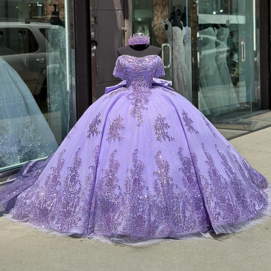 Glitter Lavender Off The Shoulder Princess Quinceanera Dresses Sequins Appliques Lace Beads Tull Sweet 15th Prom Party Vestidos
