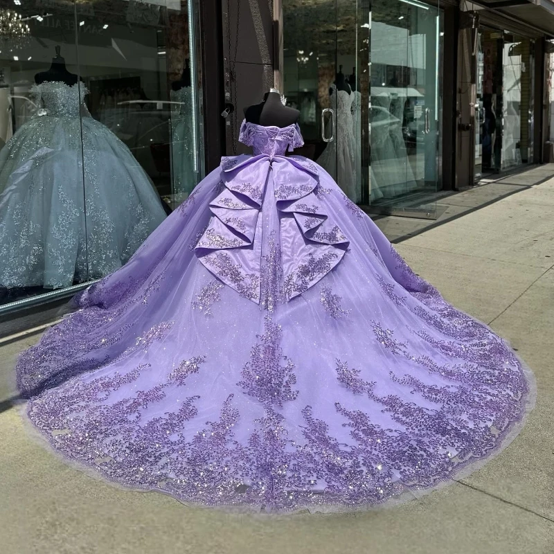 Glitter Lavender Off The Shoulder Princess Quinceanera Dresses Sequins Appliques Lace Beads Tull Sweet 15th Prom Party Vestidos
