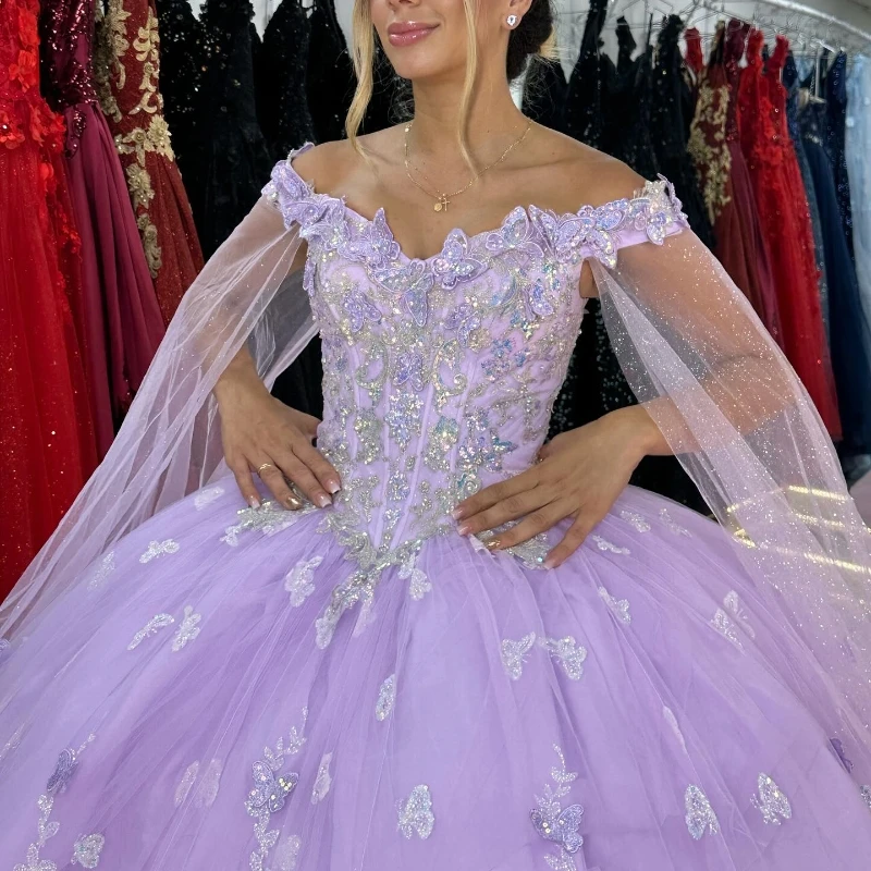 Lavender Shiny Off Shoulder Quinceanera Dresses Lace Bow Beads Tull With Cape Corset Prom Party Gown 16 Vestidos De XV Anos