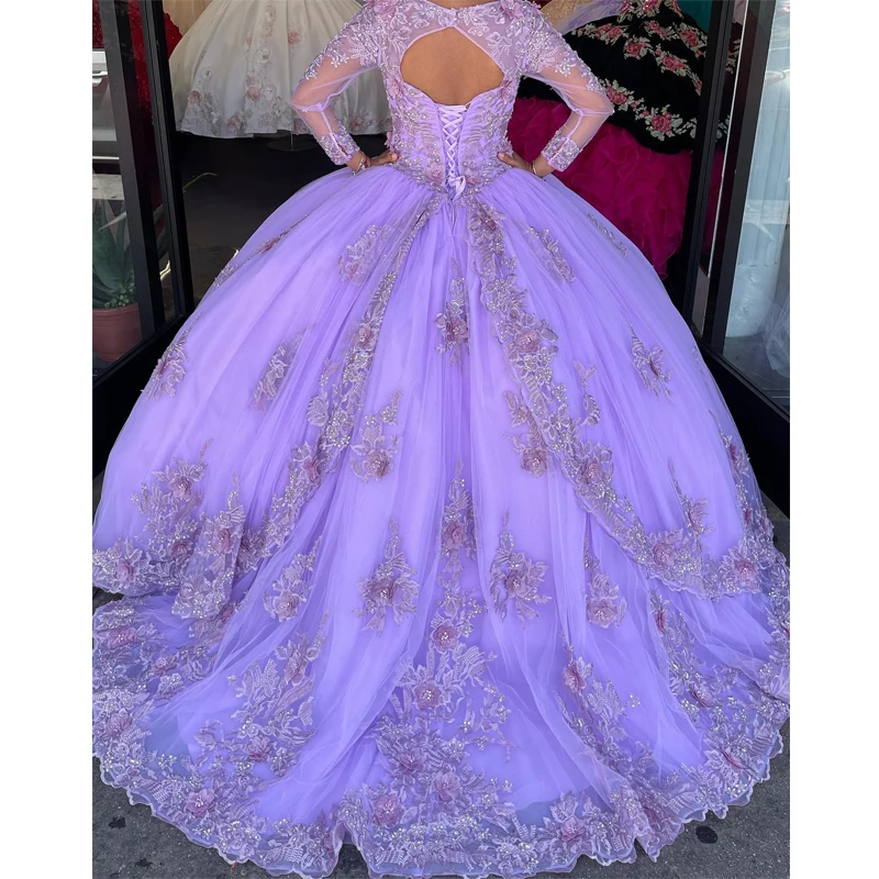 Lavender Sexy V-Neck Quinceanera Dresses Ball Gowns With Appliques Lace 3DFlower Tulle Sweet 16 Dress Court Train Vestidos De 15