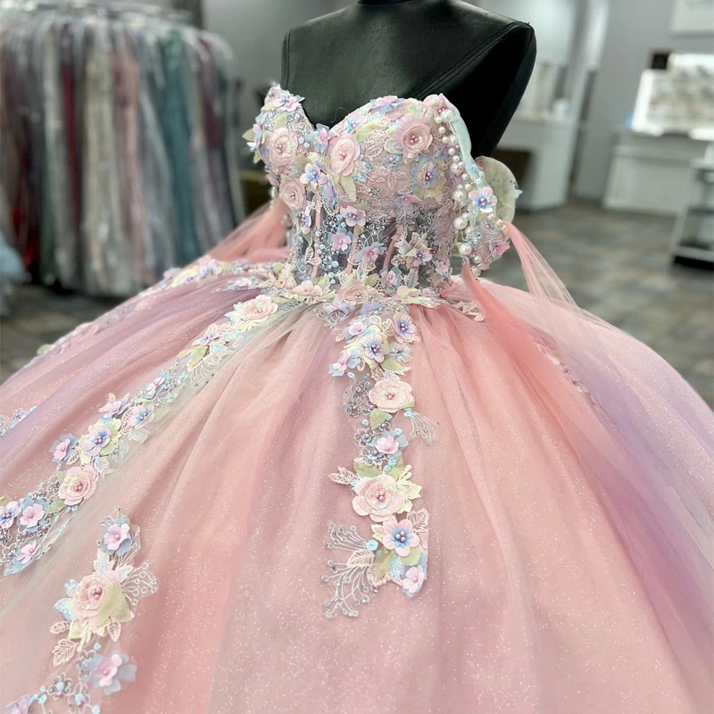 Mexico Pink Ball Gown Quinceanera Dress Beaded Appliques Lace Tull Birthday Party Gowns Sweet 16 15 Prom Vestido xv Robe De Ball