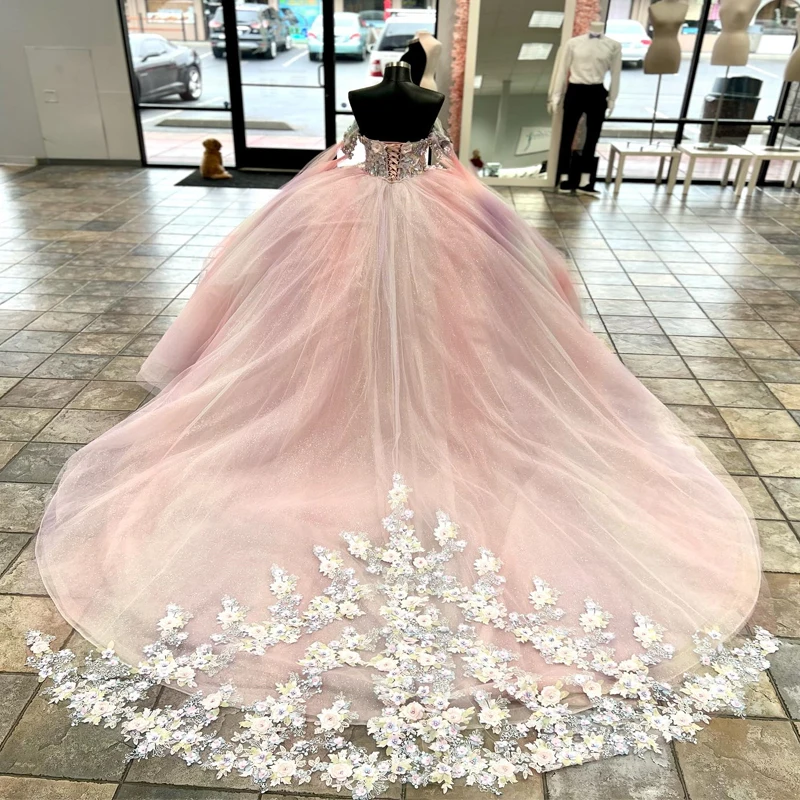 Mexico Pink Ball Gown Quinceanera Dress Beaded Appliques Lace Tull Birthday Party Gowns Sweet 16 15 Prom Vestido xv Robe De Ball