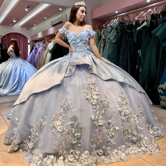 Sky Blue Off The Shoulder Quinceanera Dress Ball Gown 3D Flowers Applique Beads Crystal Tull Sweet 16 Vestidos De XV 15 Anos