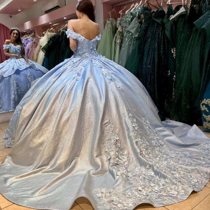 Sky Blue Off The Shoulder Quinceanera Dress Ball Gown 3D Flowers Applique Beads Crystal Tull Sweet 16 Vestidos De XV 15 Anos